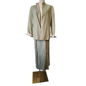 Vintage Parisian Signature Linen Coat & Maxi Skirt‎ 2 Pc Suit Women Sz 14P Green